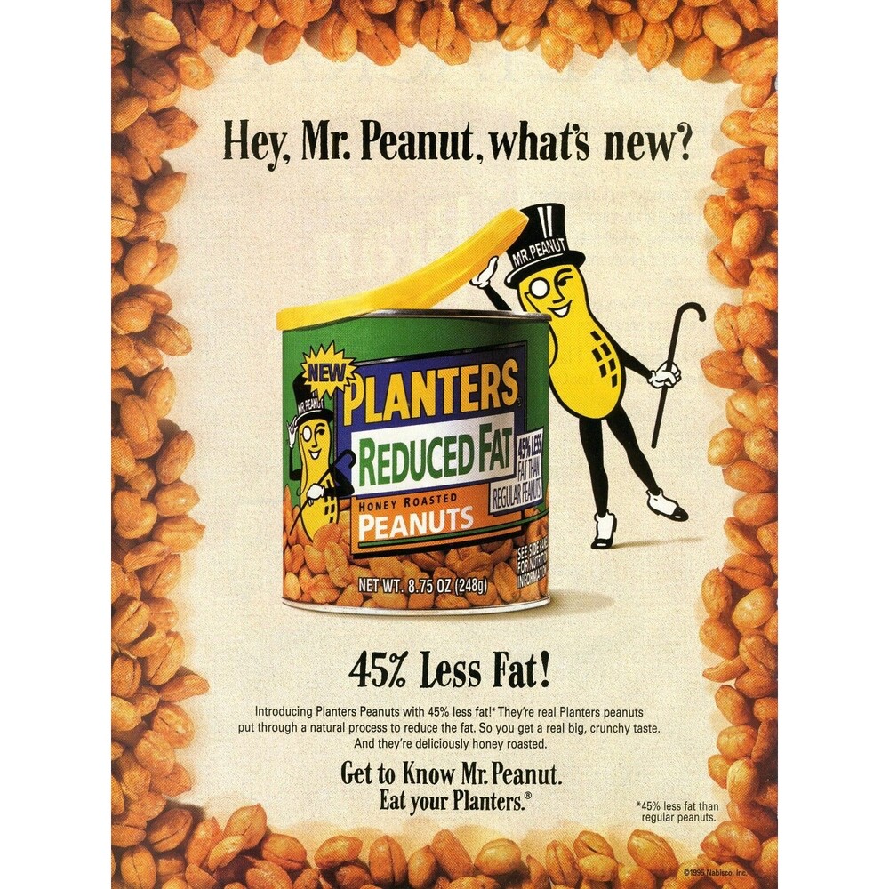 Planter's Reduced Fat Honey Roasted Peanuts Mr. Peanut‎ 1995 Vintage Print Ad